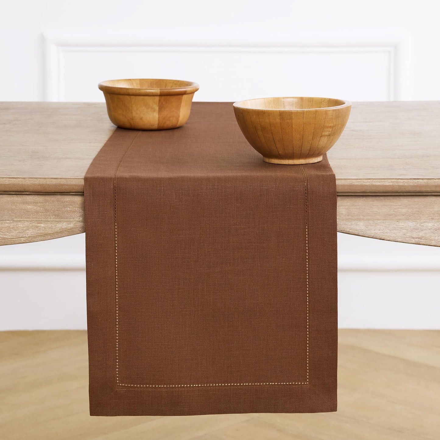 Solino Home Linen Brown Table Runner 72 Inches Long - 100% Pure Linen Hemstitch Table Runner 14 x 72 Inch for Dresser, Dining - Classic Hemstitch