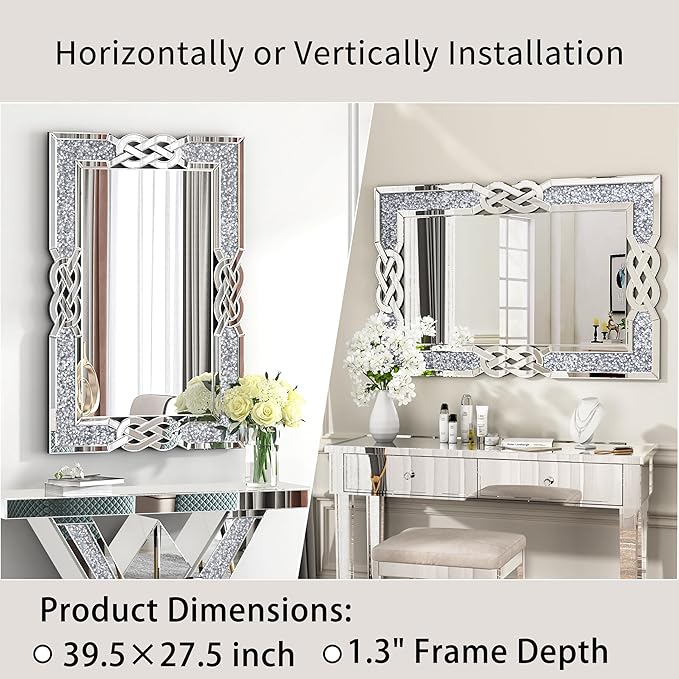 ENENE Crystal Crush Diamond Wall Mirror 39.5''x 27.5'' Rectangle Silver Mirrors for Wall Decorative Large Wall Mirrors for Bathroom Living Room Bedroom Entryway