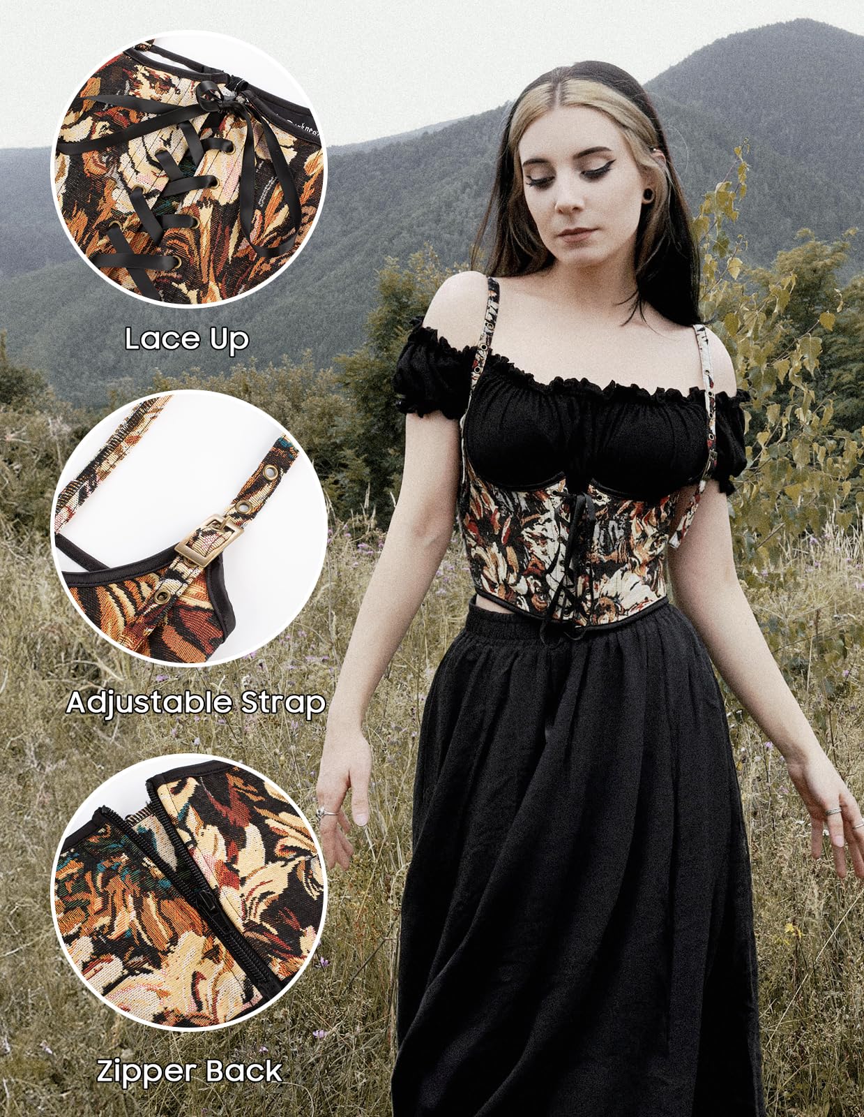 Scarlet Darkness Corset Belt for Women Renaissance Underbust Corset Floral Lace Up Boned Waist Belts Gold 16