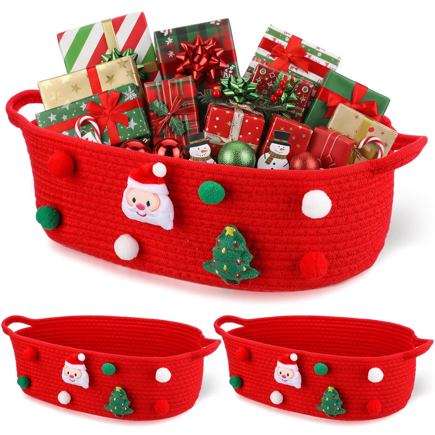 FoldTier 3 Pack Christmas Gift Basket Empty 15 x 9.9 x 5.1 Inch Santa Red Christmas Storage Bin with Handles, Woven Cotton Rope Basket for Gifts Holiday Treats Party Supplies, Home Xmas Decorations