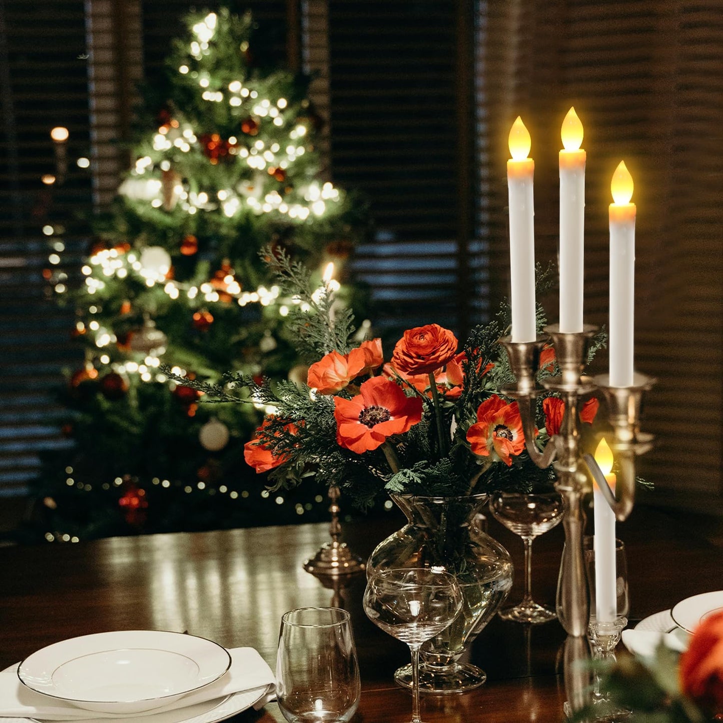 SunFunUSA LED Flameless Window Candles with Remote Timer-Battery Operated Realistic Flickering Candle Lights with Removable Silver Candlesticks Best Gift for Xmas Wedding Home Dinner Decor