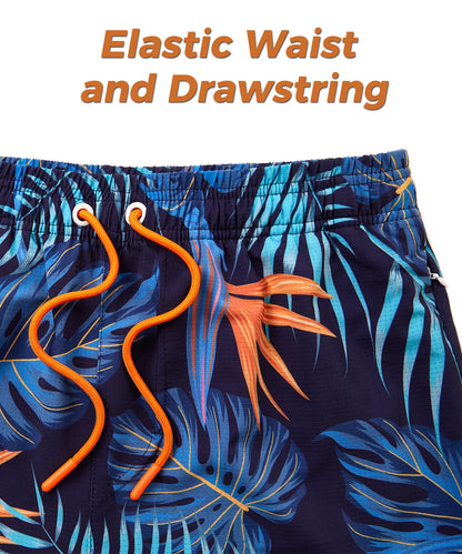 ELETOP Men's Swim Trunks with Compression Liner Bathing Suit Beach Board Shorts with Zipper Pockets Palm Leaf Blue Yellow L