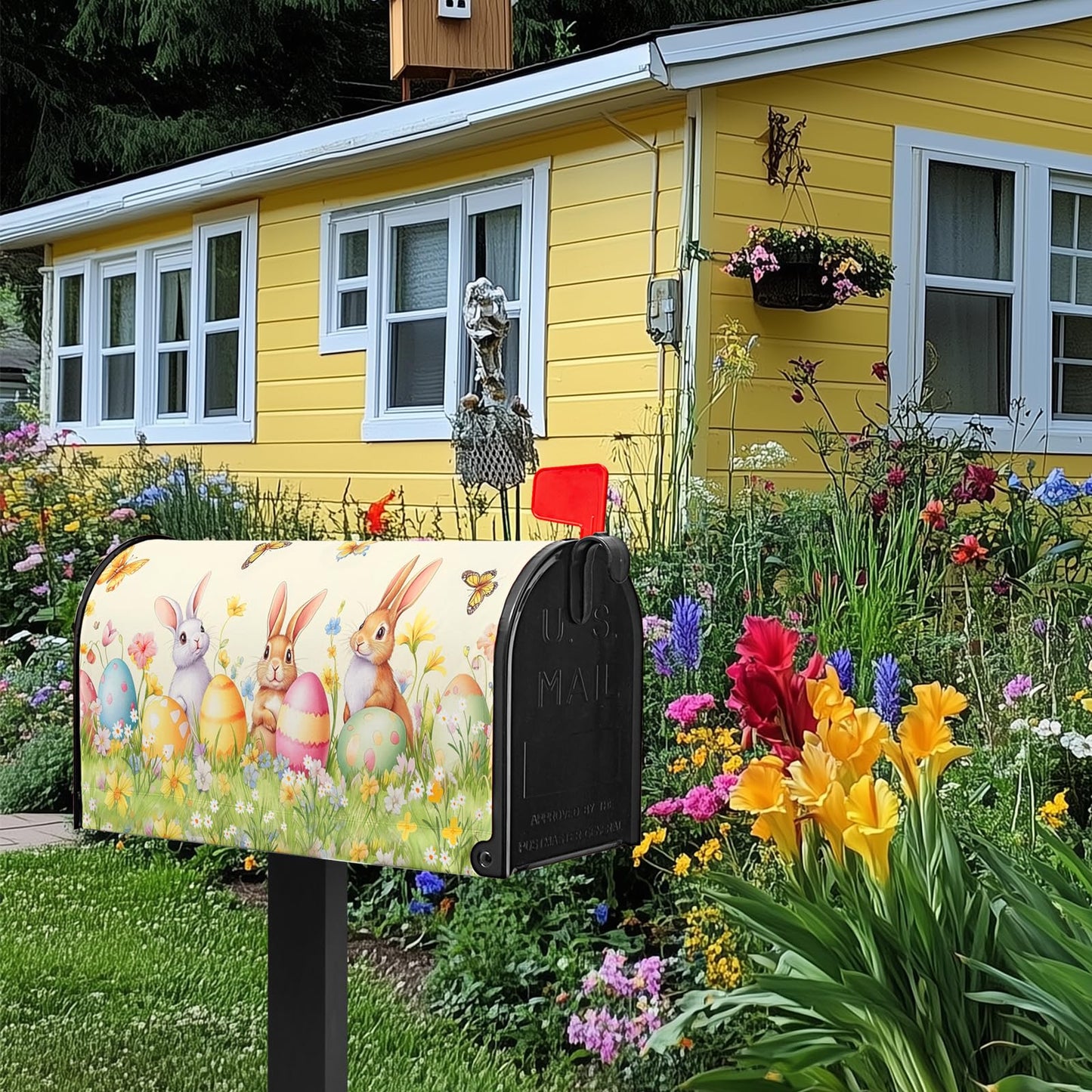 VentuCoven Easter Mailbox Covers Rabbits Mailbox Cover Standard Size 21x18 in Spring Floral Post Letter Box Cover for Garden Yard Decoration Waterproof Oxford Beautiful Eggs