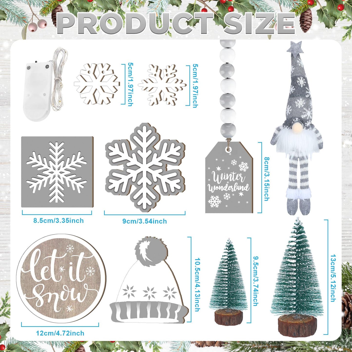 Soaoo 16 Pcs Winter Tiered Tray Decor Snowflake Rustic Gnome Plush Winter Tray Decor Wood Table Signs for Holiday Table Centerpieces Home Decorations(Silver Gray)