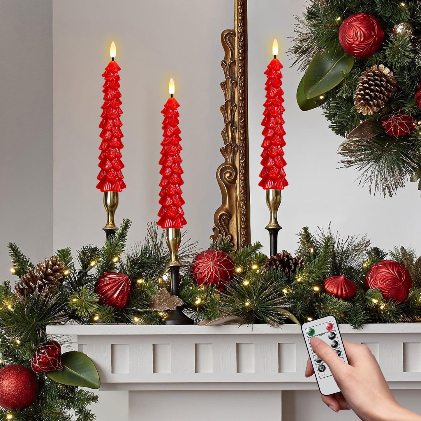 KunSwenn Christmas Tree Candles Battery Operated, Red Christmas Flameless Taper Candles with Remote Timer, Set of 3 Waxy 9.8 Inch LED Tree Candlesticks for Xmas Home Holiday Window Winter Decor