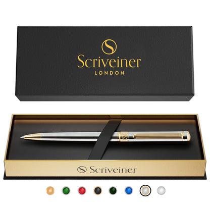 Scriveiner Silver Chrome Ballpoint Pen - Stunning Luxury Pen, Real Gold Plating, Schmidt Black Refill, Best Ball Pen Gift Set for Men & Women, Professional, Executive, Office, Nice, Fancy Pens