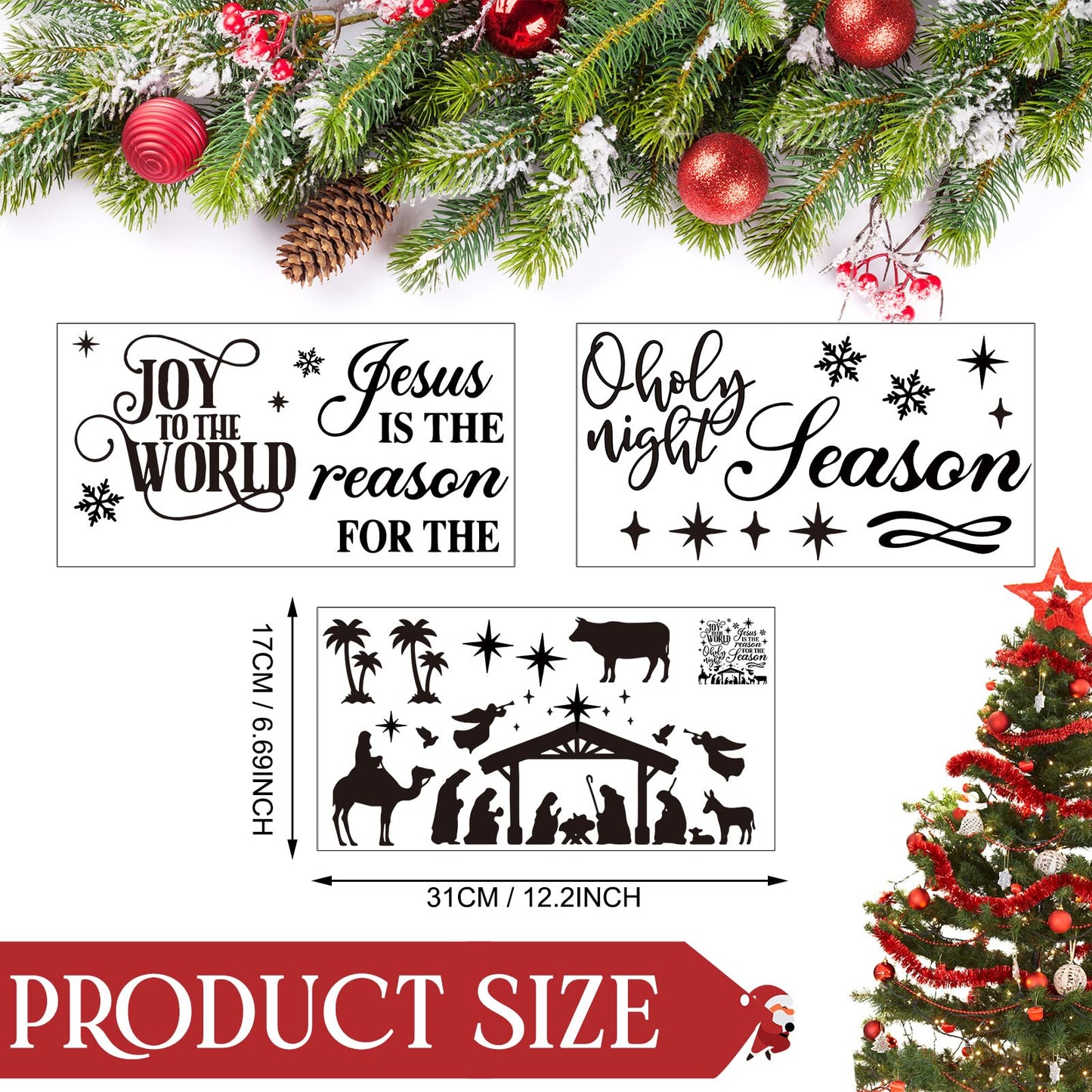 3 Pcs Nativity Scene Decor Stickers Christmas Bible Quotes Christian Vinyl Wall Decal Set Jesus is The Reason for The Season Bible Verse Wall Decals Joy to The World Stickers for Home