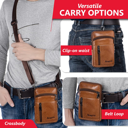 Hengwin Leather Phone Holster Fits for iPhone 16 15 14 13 12 11 Pro Max Samsung Galaxy S25 Ultra S24 Ultra S23+ A15 Wallet Case with Belt Clip Pouch Crossbody Cell Phone Purse Men Shoulder Bag (Brown)