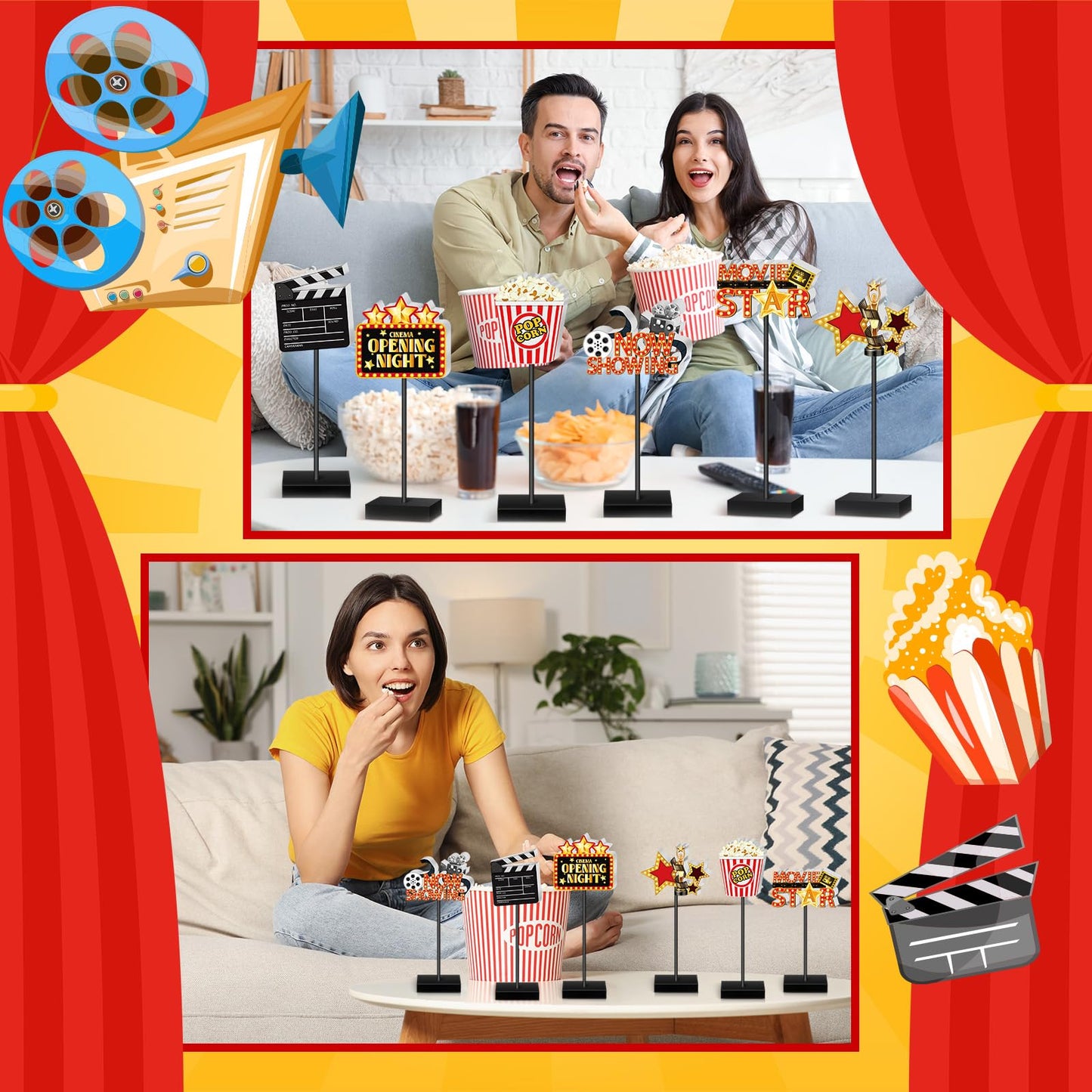 Briwooody 6 Pcs Movie Night Wooden Sign Set Movie Party Decorations Star Video Props Table Centerpiece Tall Standing Sign Popcorn Tabletop Decor for Birthday Night Party Supplies Home Decorations