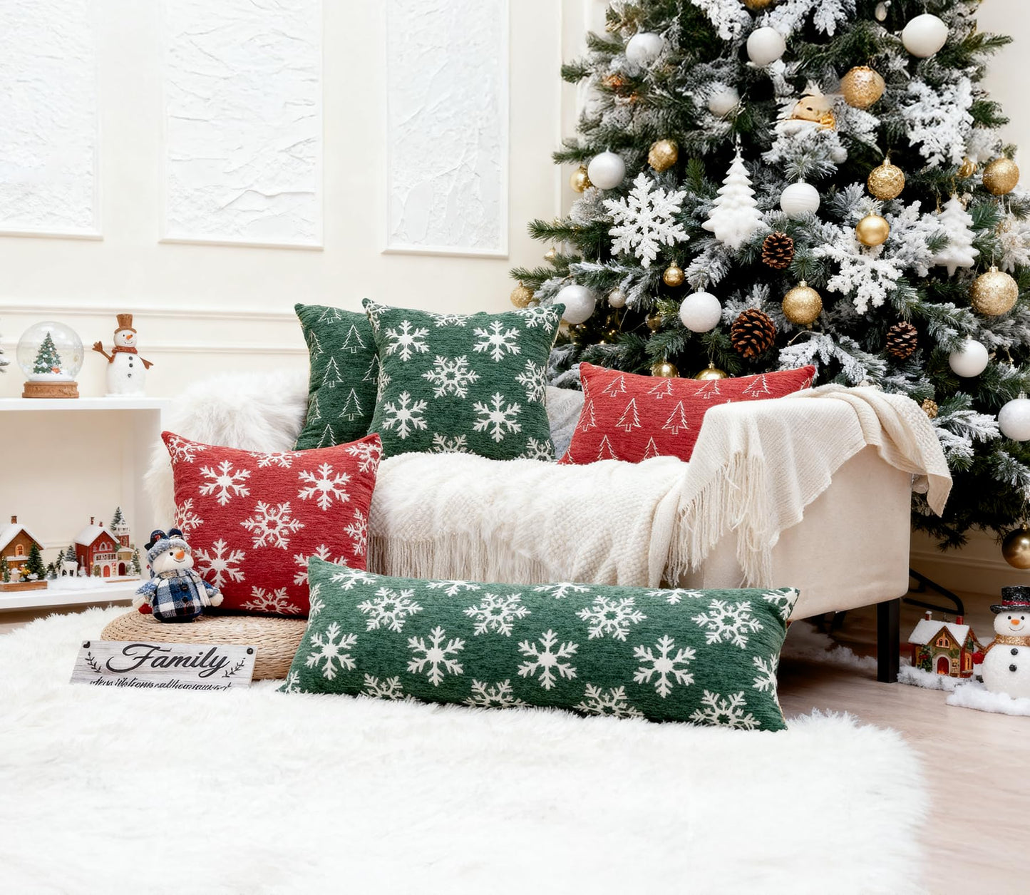 Auomily Soft Chenille Christmas Pillow Covers 18x18 Set of 2, Reversible Snowflake & Tree Pattern, Thick & Cozy Farmhouse Holiday Cushion Cases with Hidden Zipper for Sofa Couch Bed(Green,18x18)
