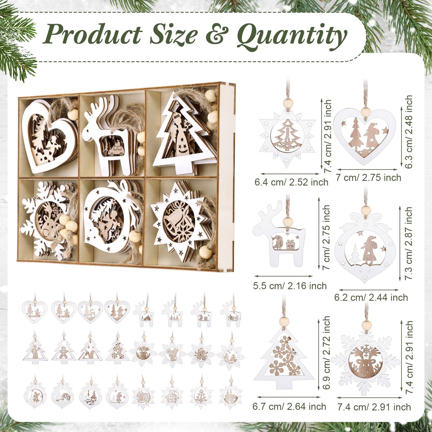 Thyle 24 Pcs Wooden Christmas Tree Ornaments Set 3D Rustic Farmhouse Hanging Christmas Tree Decorations for Winter Xmas Gift Party Office Holiday Decor