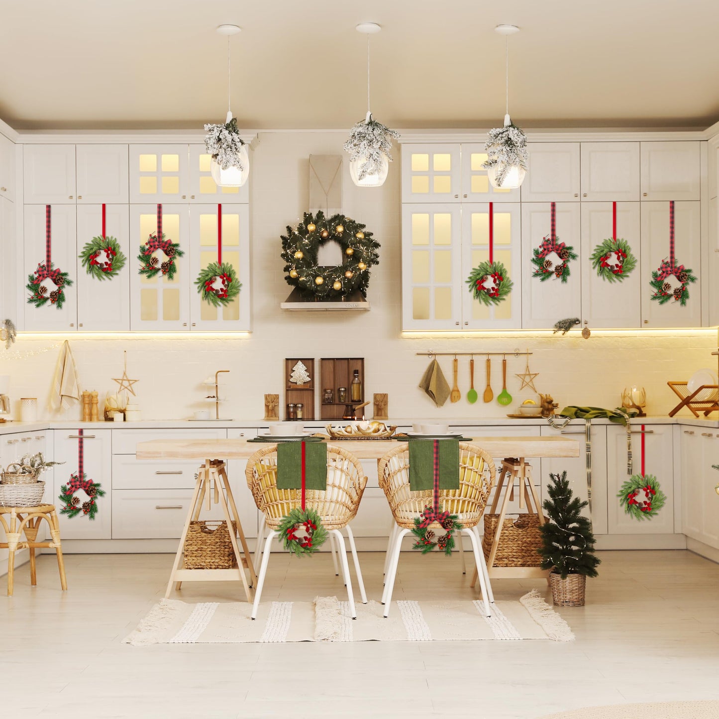 Ogrmar 12 Pcs Mini Christmas Kitchen Cabinet Wreaths with Ribbon, 2 Styles Hanging Christmas Wreath, Small Kitchen Xmas Decoration for Fireplace Kitchen Door Stair Window
