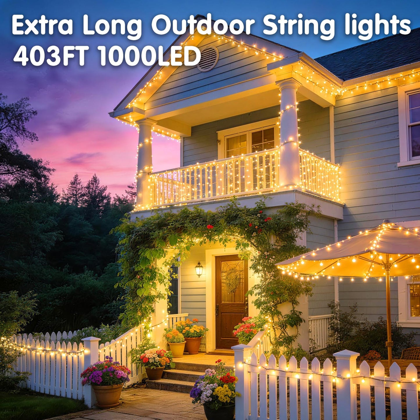 KNONEW 403ft 1000 LED Christmas String Lights Outdoor 8 Modes & Timer Fairy Light Plug in Waterproof LED Wedding Lights for Xmas Yard Tree Party Holiday Decor (Warm White)