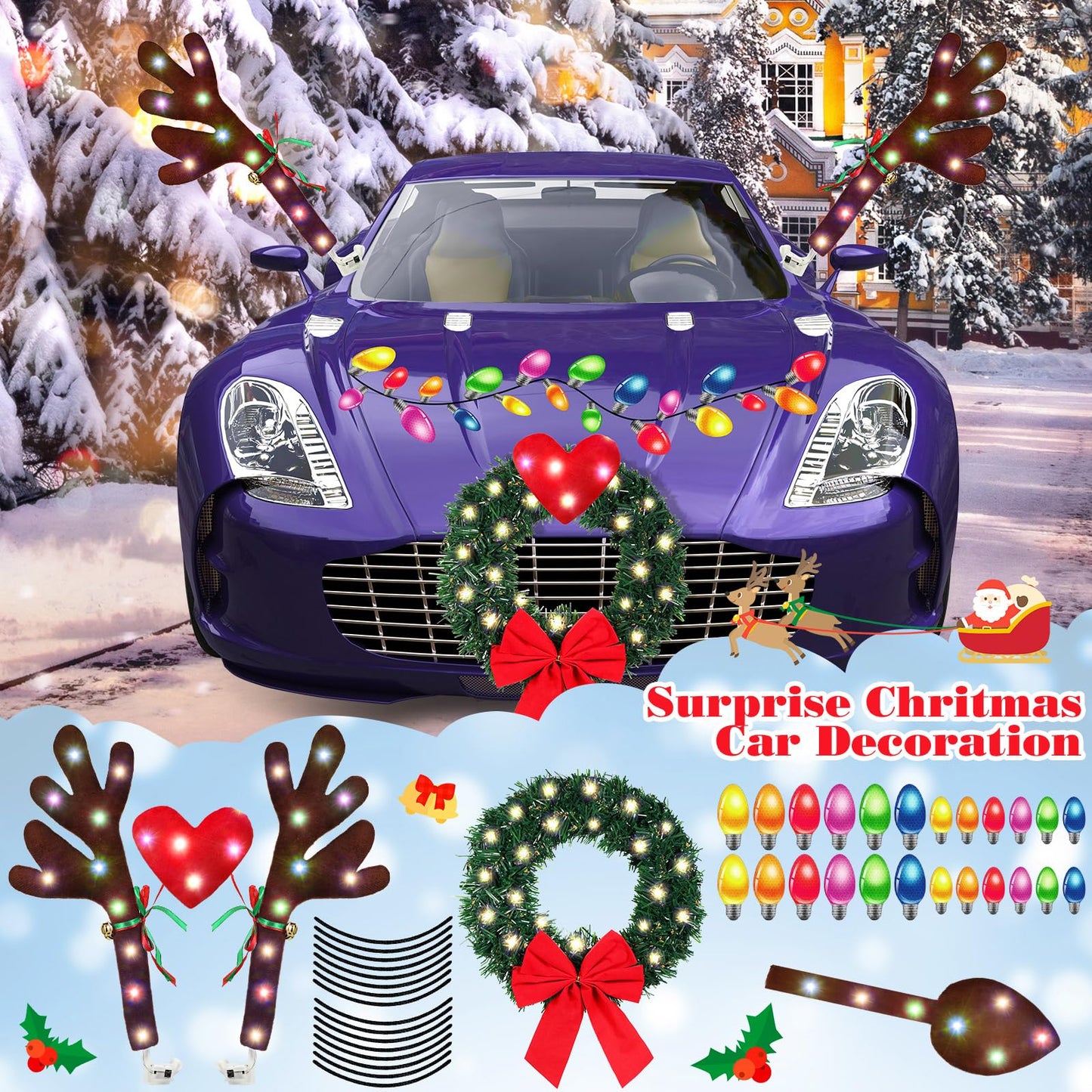 Cunno 6 Pack Christmas Reindeer Antlers Car Kit with LED Lights Christmas Car Decorations Light up Xmas Wreath Reflective Refrigerator Magnets Decals Auto Exterior Accessories