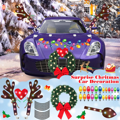 Cunno 6 Pack Christmas Reindeer Antlers Car Kit with LED Lights Christmas Car Decorations Light up Xmas Wreath Reflective Refrigerator Magnets Decals Auto Exterior Accessories