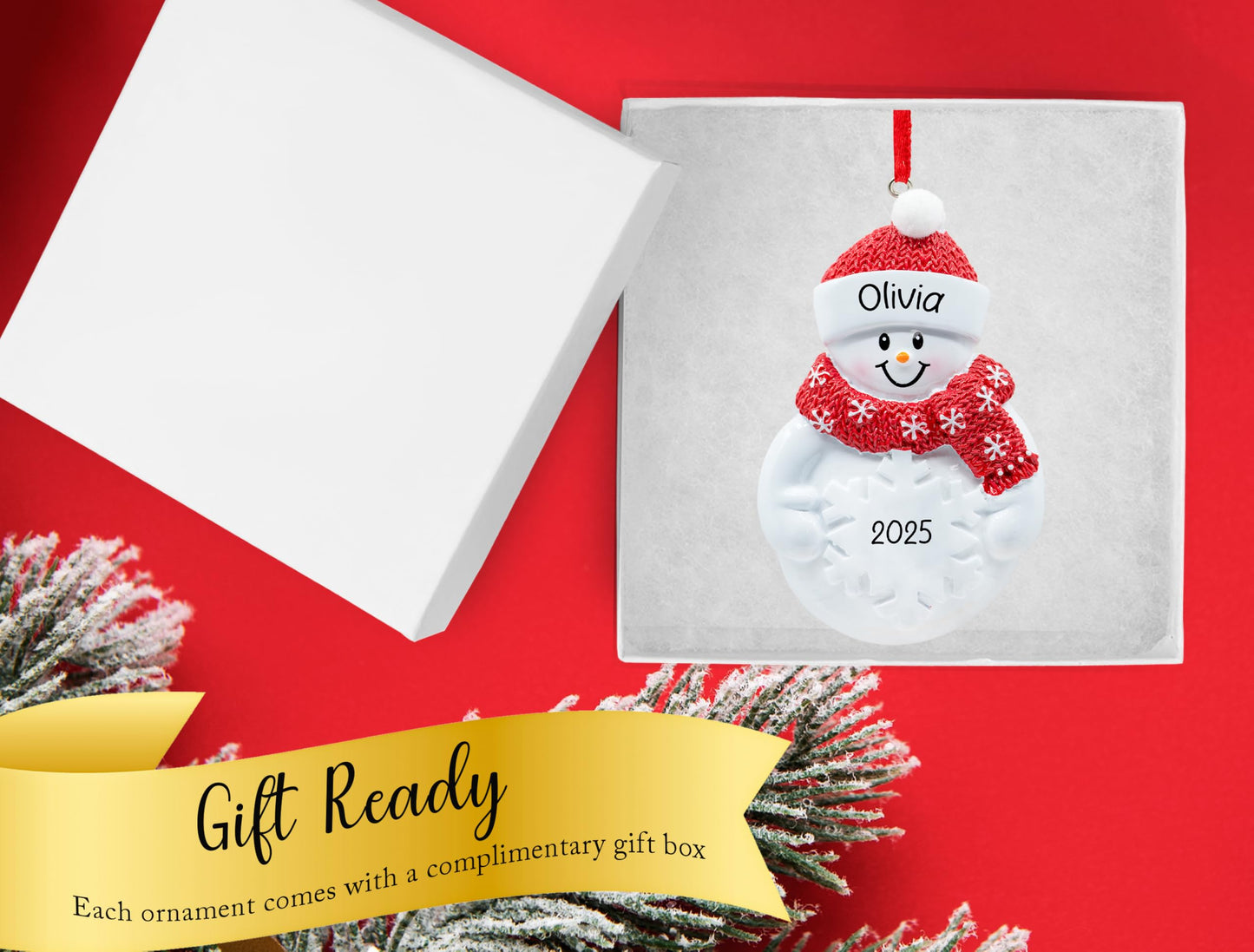 UniqXmas Personalized Snowman Figurine Christmas Ornament 2026 - Free Customization | Snowman with Snowflake Red Santa Hat & Scarf for Xmas Tree | Unique Keepsake - Custom Name & Year