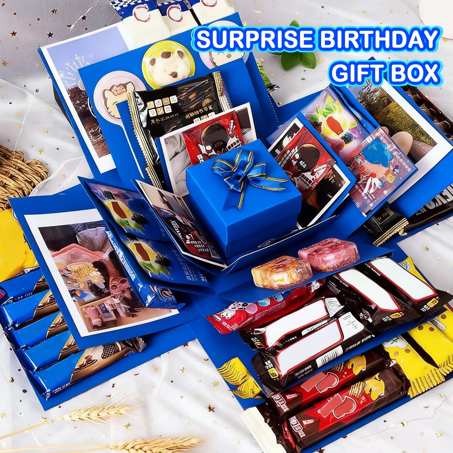 5-Layer creative explosion gift box, gift wrap box. Creating a 5-Layer of various gifts by yourself. An ideal, mysterious self-made gift for birthday, Christmas and anniversaries. (Blue, Square)