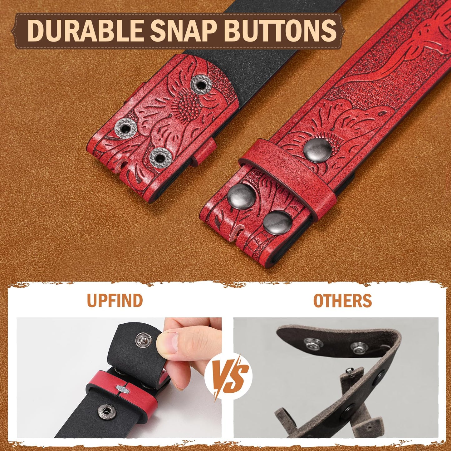 UpFind Western Leather Belt Strap without Buckle for Women Men Retro 1.5" Wide Floral Engraved Cowboy Cowgirl Belts for Jeans, Red