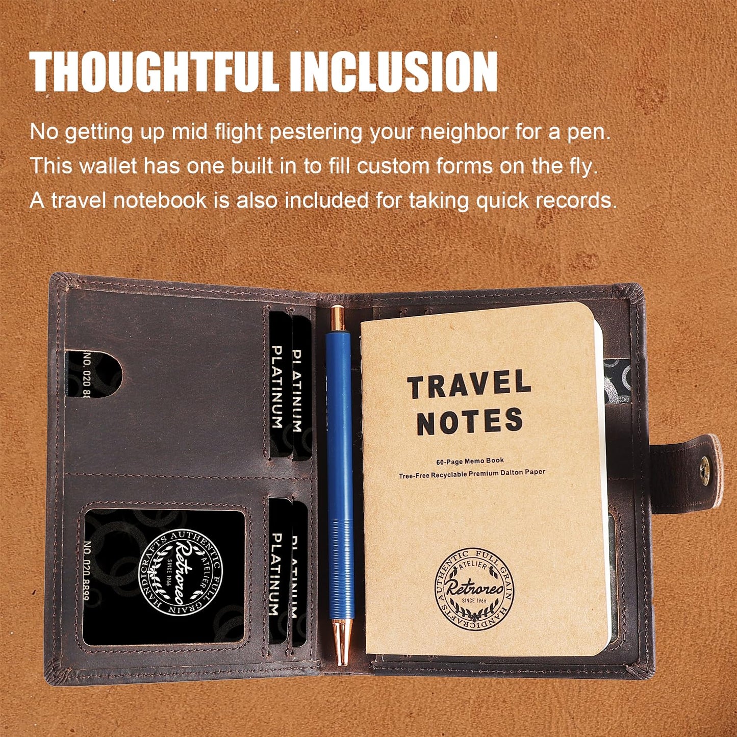 Retroreo Vitus Full Grain Leather Passport Wallet, Travel Document Organizer with RFID Blocking, Dual Passport Slots, Dual Cash Pockets, Multiple Card Holders, a 60-Page Travel Notebook & Pen Included