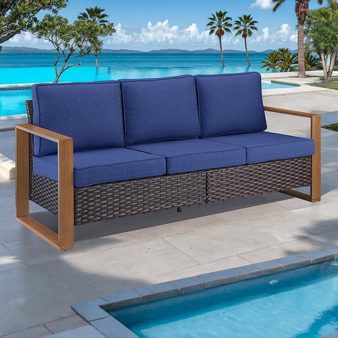 Rilyson Outdoor Couch Wicker Patio Sofa, Rattan Patio Furniture Sofa with Sturdy Frame,All-Weather PE Wicker,Wide Armrest,Deep Seating and Thick Cushions for Deck Porch Garden(Brown/Blue)