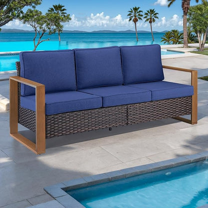 Rilyson Outdoor Couch Wicker Patio Sofa, Rattan Patio Furniture Sofa with Sturdy Frame,All-Weather PE Wicker,Wide Armrest,Deep Seating and Thick Cushions for Deck Porch Garden(Brown/Blue)