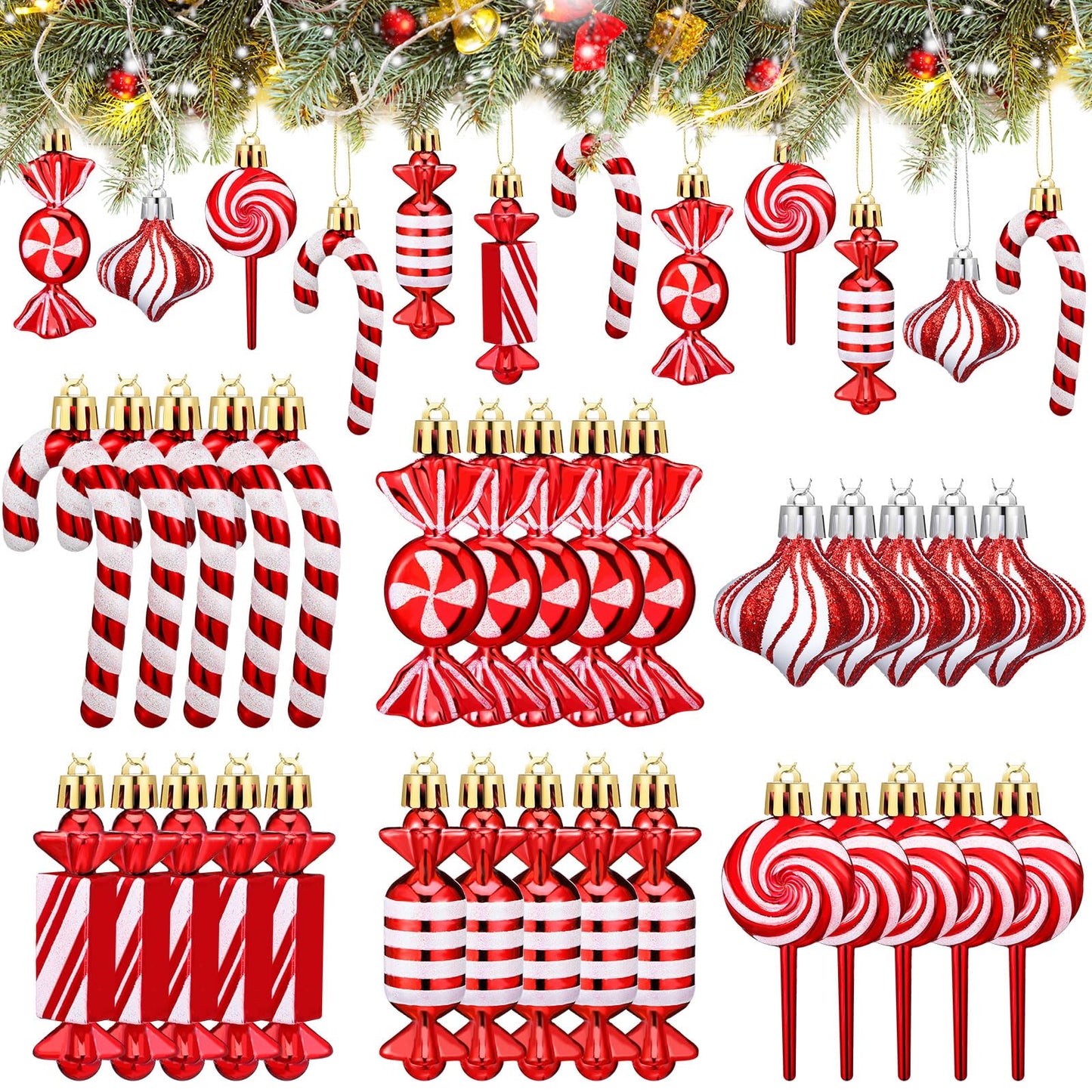 Realspring 30 Pcs Christmas Candy Ornaments Peppermint Candy Cane Christmas Decorations Plastic Lollipop Hanging Ornaments with Rope for Xmas Tree Party Holiday Supplies(Red White)