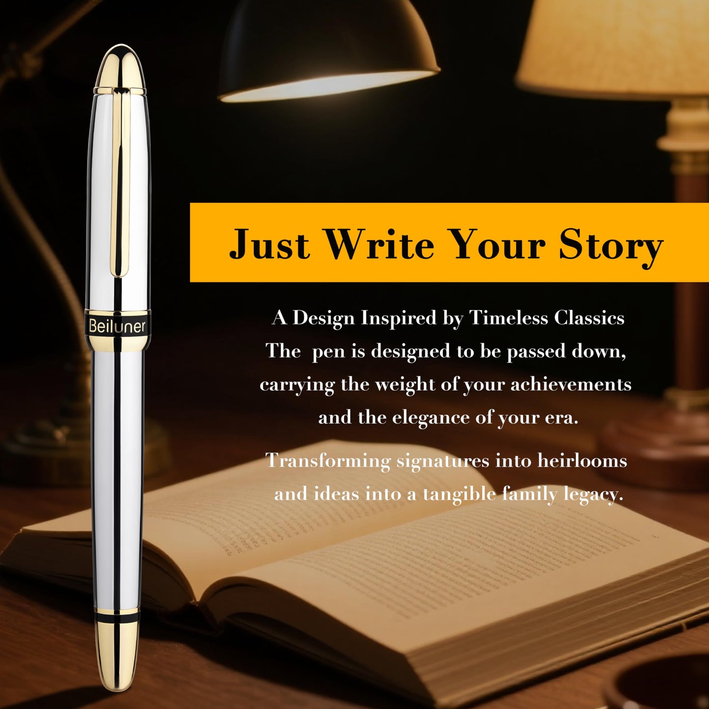BEILUNER 315 Silver Chrome Fountain Pen,Stunning Luxury Pens with 24K Gold Accents, Gorgeous 24K Gilded Nib(Medium), Ink Converter,Fancy Pen Gift for Men&Women-Elegant, Office, Reliable, Nice Design