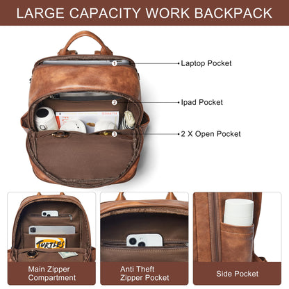 tiamyi Travel Backpack for Women and Men, Fits 17.0" Laptop, Stylish Lay-Flat Carry-on Vegan Leather Backpack with Luggage Strap for Travel and Daily Use