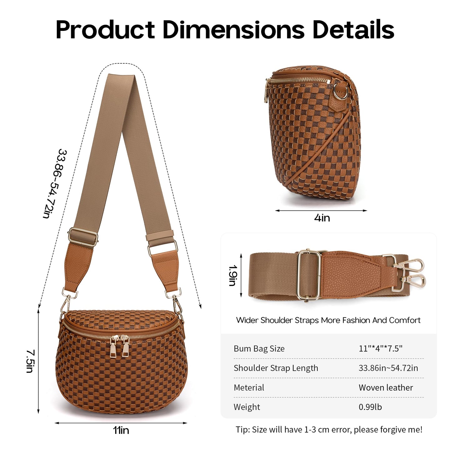 FODOKO Woven Crossbody Bag for Women Woven pu Leather Bum Bags Checkered Cross body purse with zipper Adjustable straps（Checkered Coffee brown