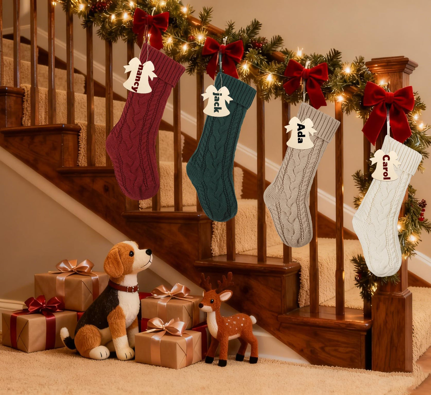 Galetcy Christmas Stockings 4 Pack, Knitted Christmas Stockings 18" Xmas Hanging Stocking Decorations with Personasized Name Carfts for Gifts