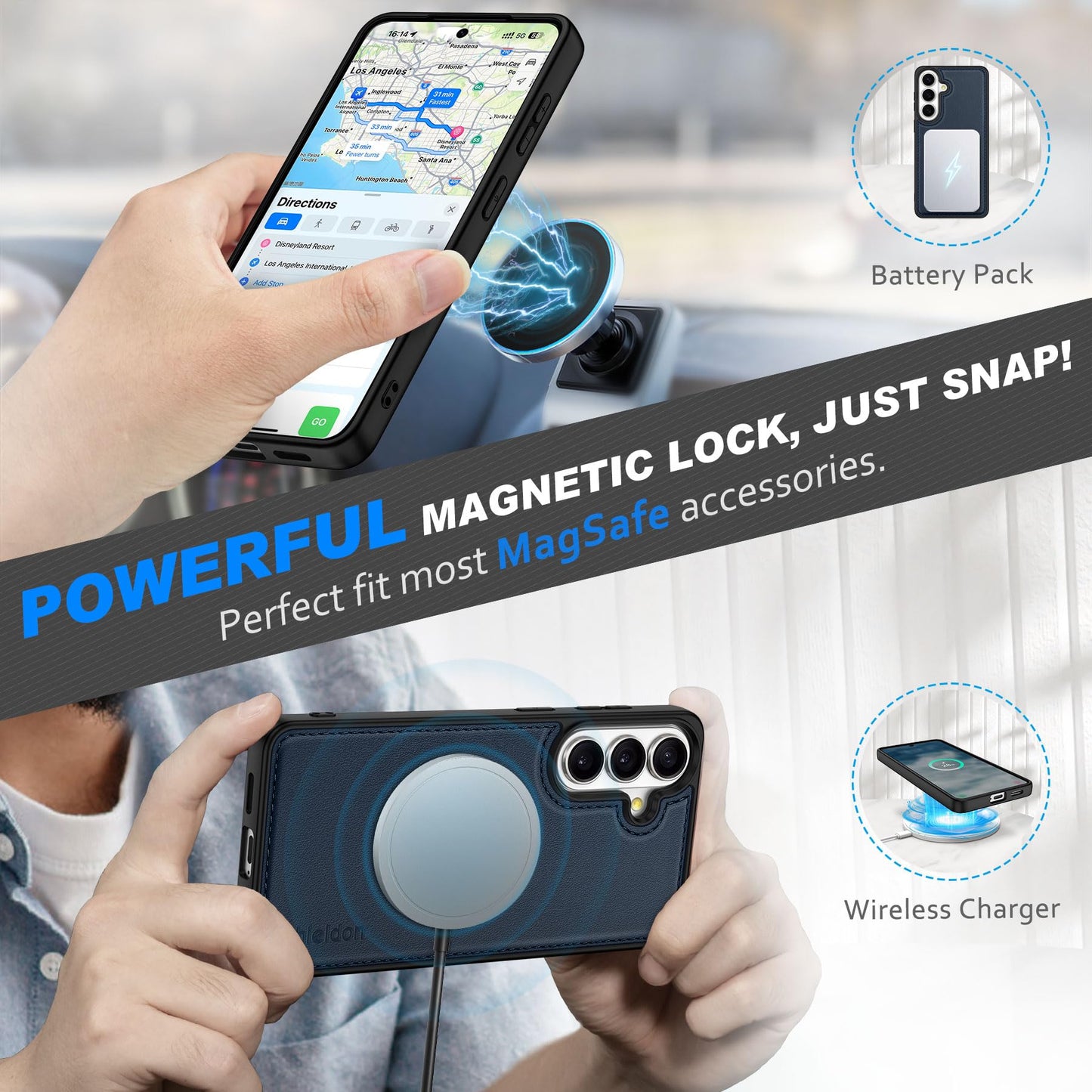 SHIELDON Real Leather Wallet Case for Galaxy S26+ 6.7", Detachable, RFID Blocking Credit Card Slot, Flip Magnetic Closure, Kickstand, Wireless Charging, Removable Shock Absorbing Cover - Navy Blue