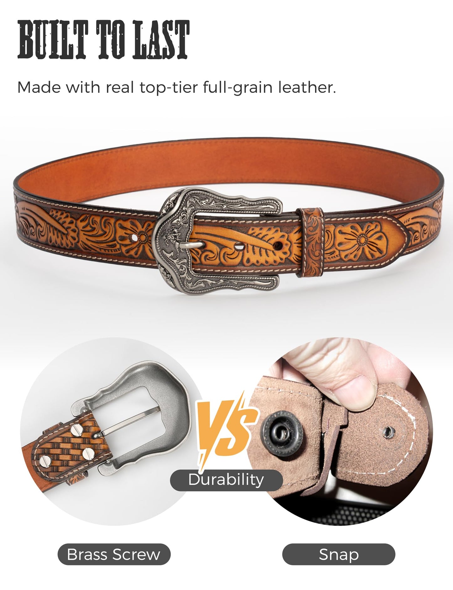 Biybletes Western Cowboy Leather Belt - 1.5" Genuine Leather Country Belt with Durable Buckle