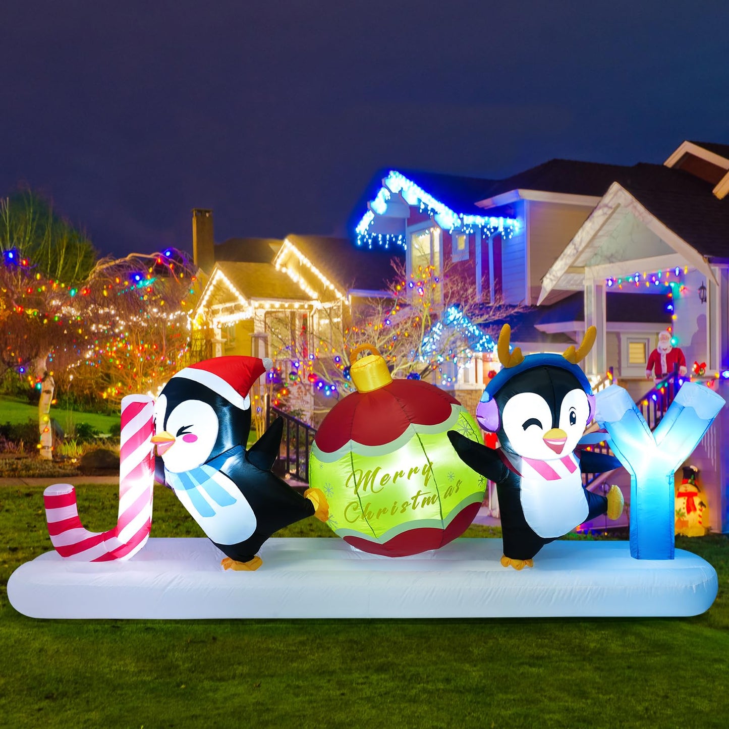 Meland 10FT Christmas Inflatable Outdoor Decorations, Christmas Blow Up Joy with Dancing Penguins & Candy Cane,Lighted Outdoor Yard Inflatable Cute Xmas Decor for Holiday Lawn Display
