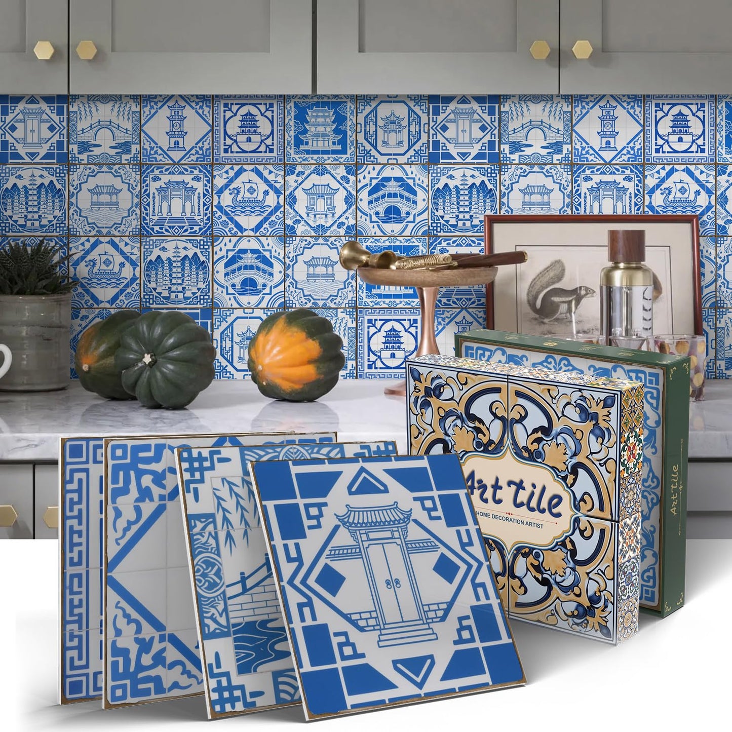 Decorative Blue White Tile Stickers Peel Stick with Chinese Pogada Pattern,Thickened Adhesive backsplash Tiles for Kitchen Furniture RV Vanity Fireplace Decor(5.91 * 5.91 in,12 pcs)