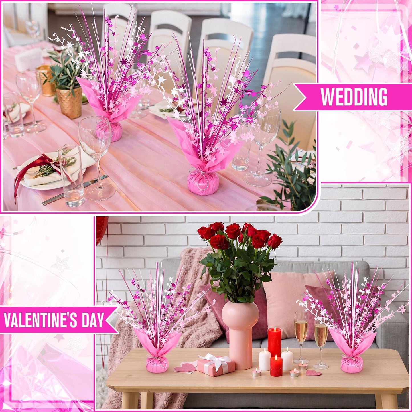 SiliFine 12 Pack Metallic Foil Spray Centerpiece Star Table Decoration Burst Glitter Table Centerpieces for Birthday Wedding Baby Shower Anniversary Holiday Party Supplies, Pink White Rose Red