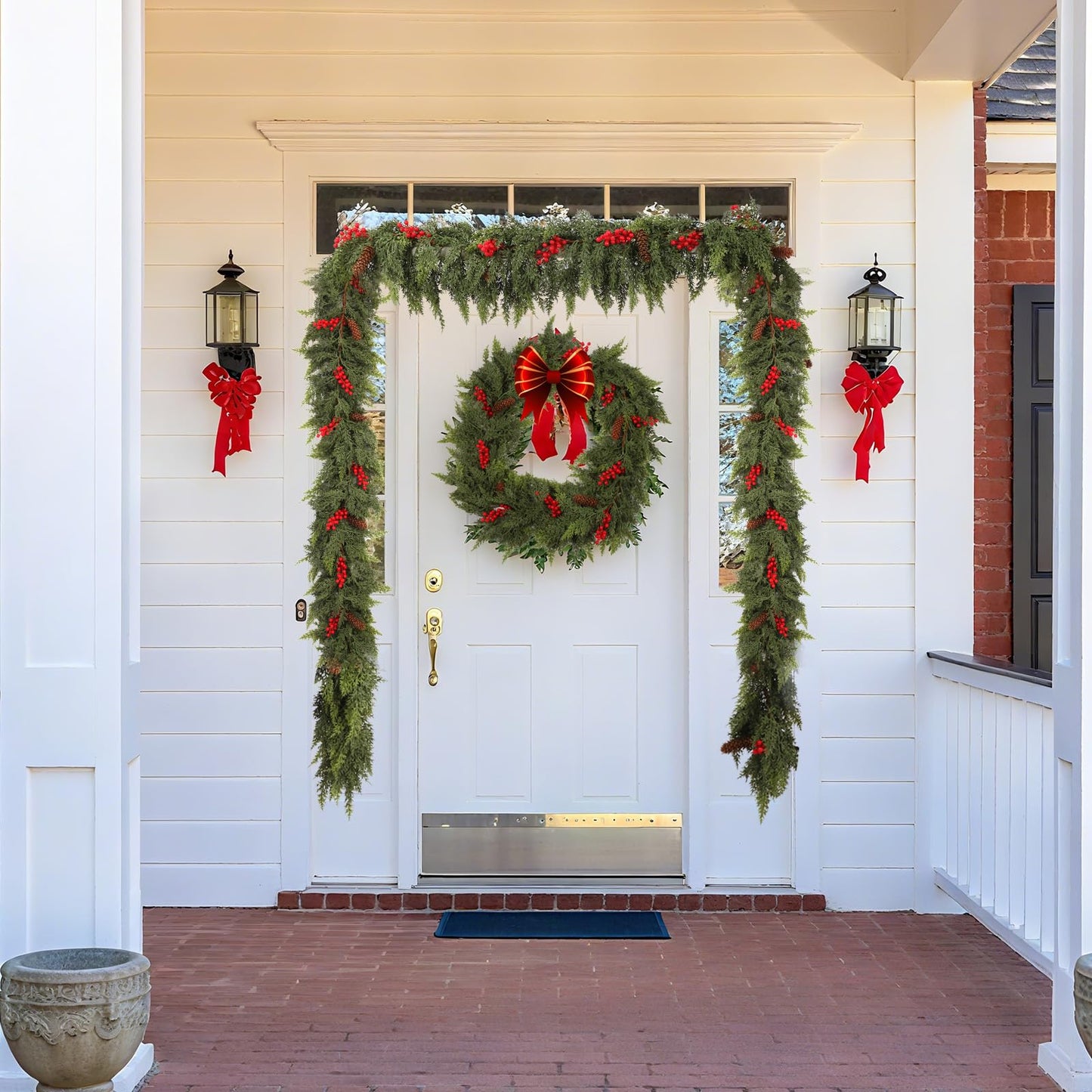6ft Christmas Cedar Garland with Artificial Red Fruits and Pine Cones, Soft and Thick, Faux Greenery Cedar Garland, Suitable for Home Dining Table, Mantel, Porch Winter Christmas Decoration (6FT)