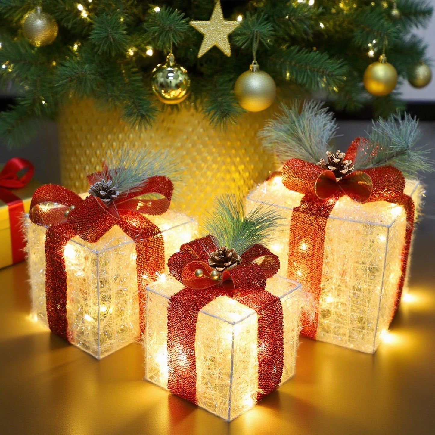 Teoytm Set of 3 Christmas Lighted Gift Boxes Decorations, Lighted Present Box for Christmas Under Tree Indoor Decoration