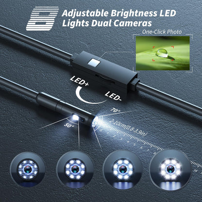 Endoscope Camera with Light,1920P HD Borescope Tools with 8 Adjustable LED Lights, Endoscope with Semi-Rigid Snake Camera, IP67 Waterproof Inspection Borescope for iOS and Android-16.4ft Dual-Lens