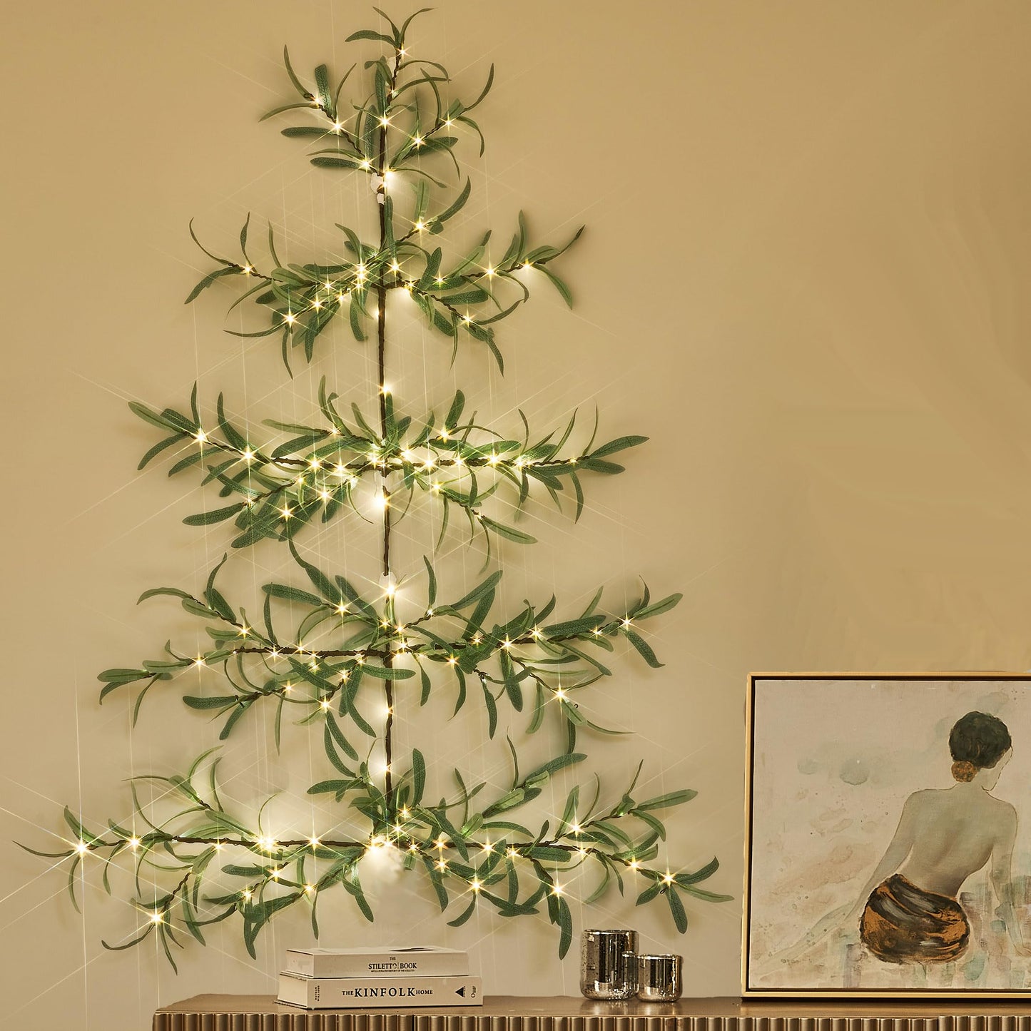 LITBLOOM Lighted Olive Wall Tree with Timer, Lighted Vine Garland with 140 Fairy Lights 3.5FT for Home Window Wall Christmas Spring Decoration Indoor Outdoor