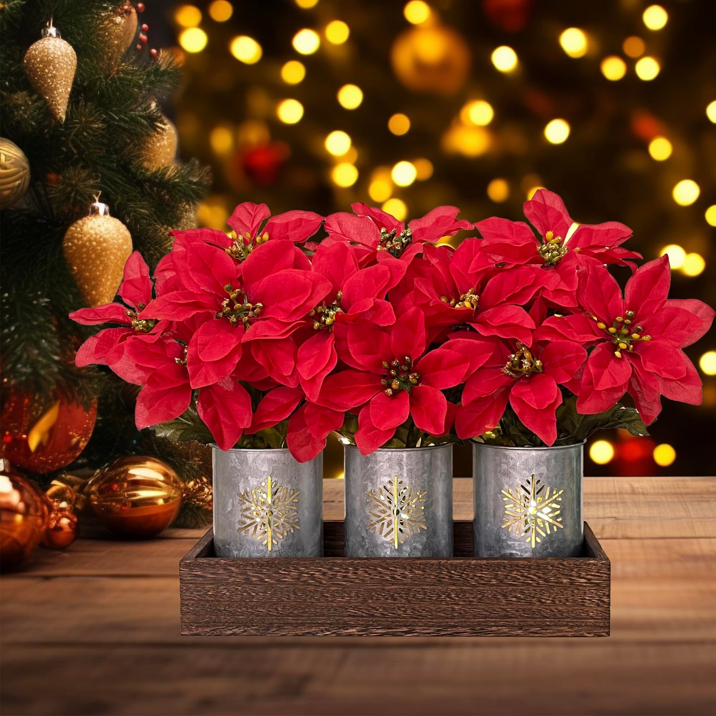 CANCLEAR Artificial Christmas Flower Arrangement, 3pcs Poinsettias in Galvanized Pots with Wood Tray and LED String Lights, Perfect Tabletop Centerpiece for Holiday Decor