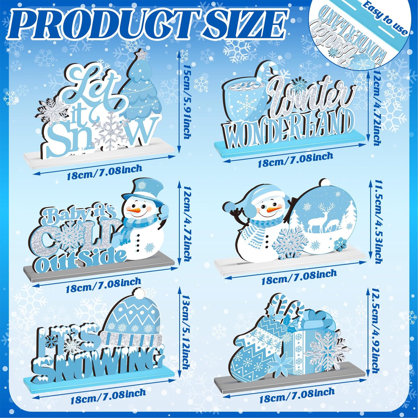 Wonderjune 6 Pcs Winter Wooden Table Decor Snowflake Snowman Wooden Centerpieces Wonderland Decor for Winter It's Snow Theme Xmas Birthday Baby is Cold Outside Party Supplies(Blue)