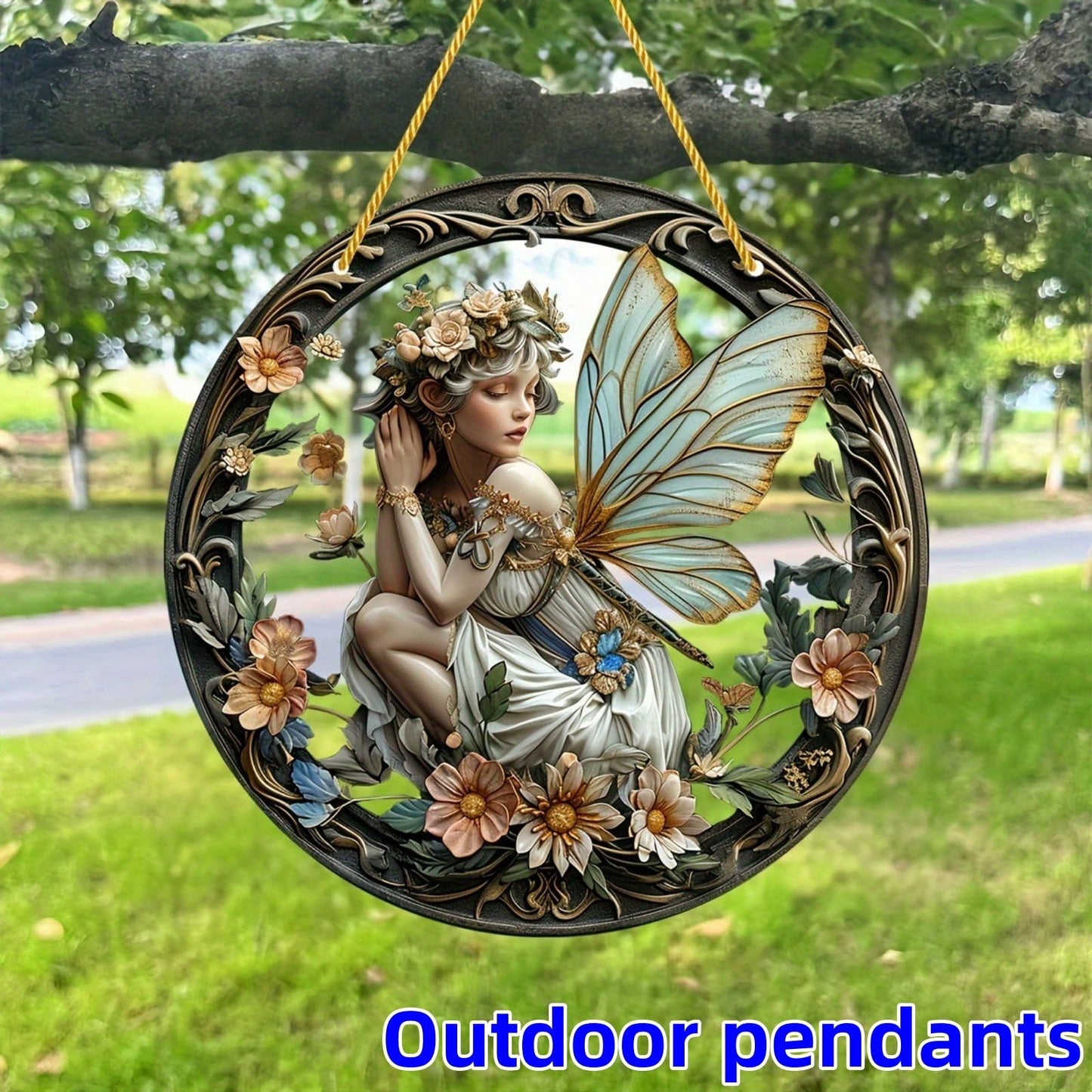 VTYFRY Flower Fairy Garden Decorations Angel Wing Christmas Halloween Deco Statue Art Elf Sculpture Hanging Craft for Outdoor Yard Courtyard Lawn Patio Window Acrylic Ornament Home Gift (A,S: 6*6 IN)