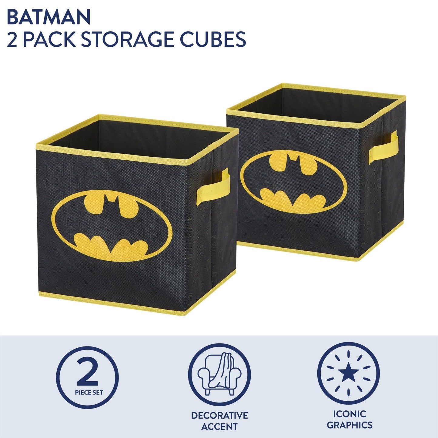 Batman Kids Storage Cubes, 2 Pack Foldable Fabric Bins with Handles, Collapsible Organizer Boxes for Bedroom, Playroom & Nursery, Durable Kids Storage Solution