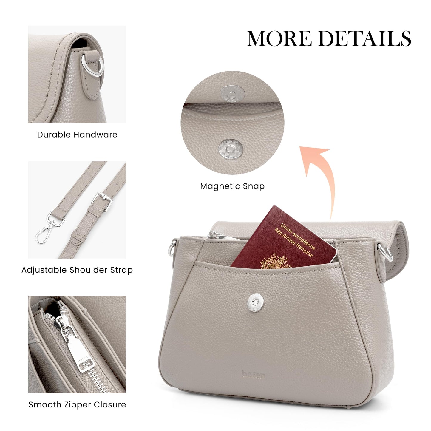 befen Real Leather Crossbody Saddle Bag Purses for Women Built in RFID Locking, Medium Cross Body Shoulder Handbags with Adjustable Straps - Grey Purse for Women