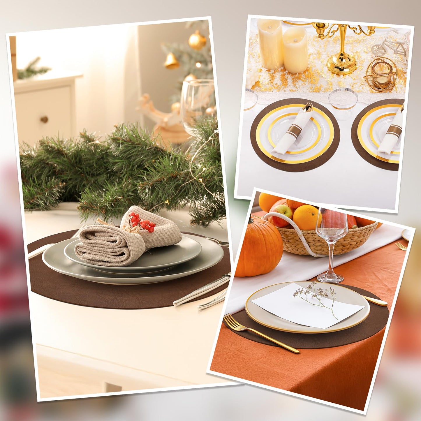 comfoyar Faux Leather Round Placemats with Coasters Set of 6, 13x13 Inch Non-Slip Heat Resistant Dual-Sided Brown Place Mats, Waterproof Table Mats for Kitchen Dining Party Table Decoration