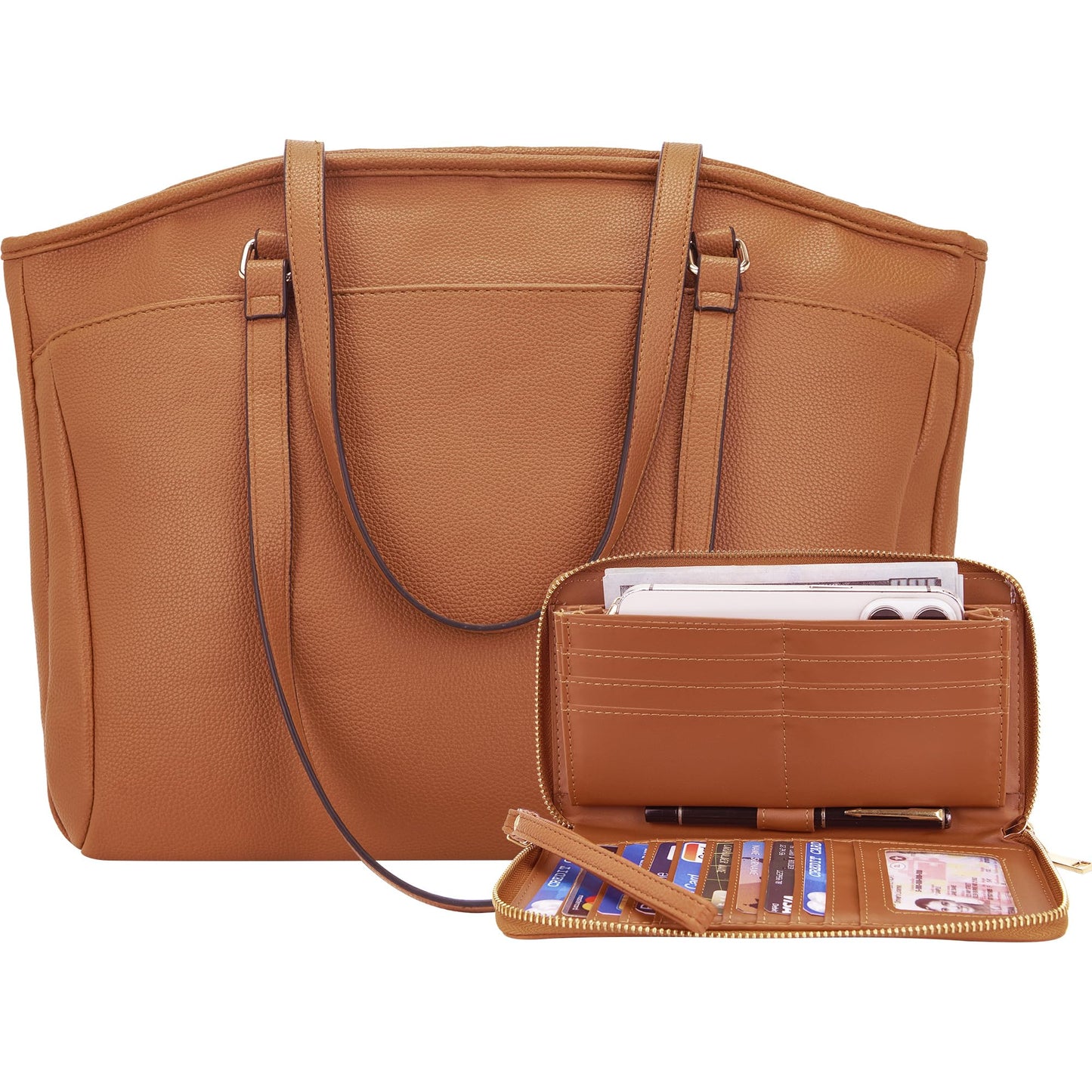 YZAOLL 15.6 Inch Laptop Tote Bag for Women,Water-resistant Vegan Leather with Anti-Scratch Padded Sleeve,Lightweight Multi-Pocket Work Bag for Business Travel,College,Office Essentials,Brown