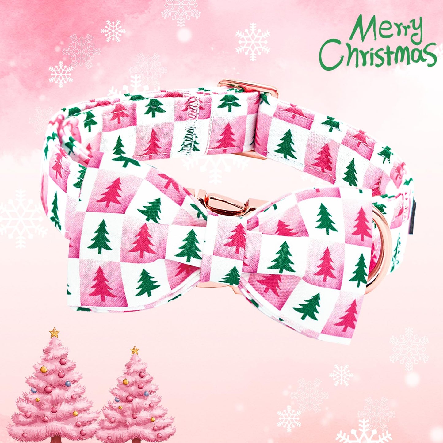 Lionheart glory Christmas Dog Bow Collar - Christmas Tree Pink Checkerboard Dog Collars with Bowtie Soft Sturdy Adjustable Girl Collars for Medium Dogs Cute Pet Collar