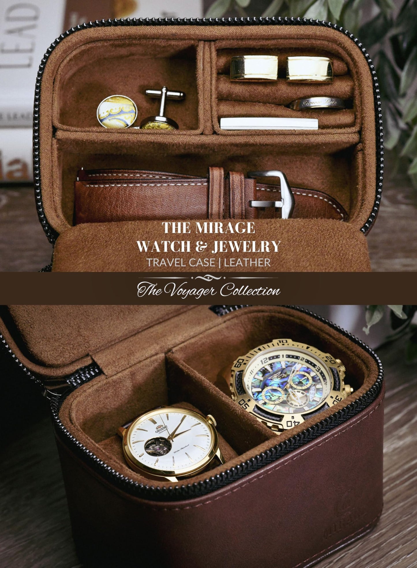 Leather Watch and Jewelry Travel Case for Men – Cufflink and Watch Band Travel Case Organizer – Coffee Brown Swiss-Motif Genuine Leather