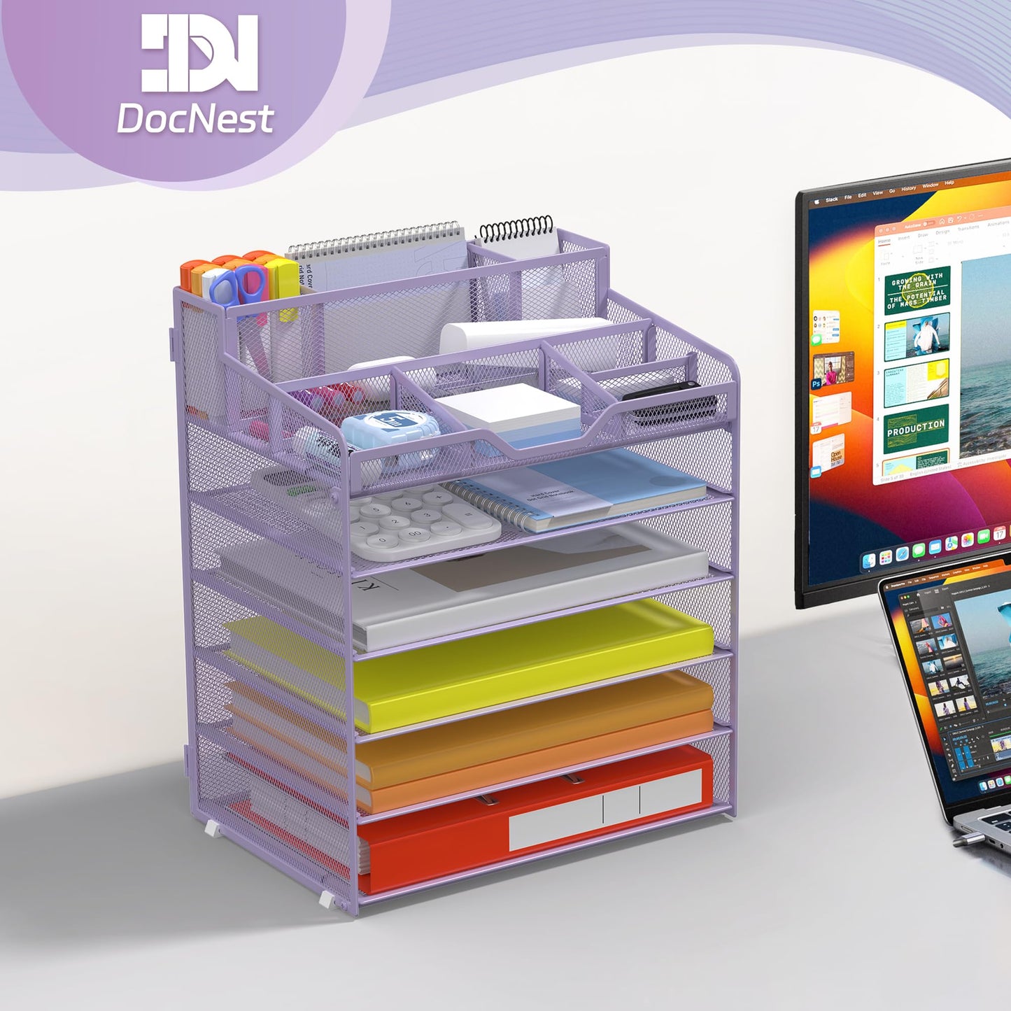 Docnest 6 Tier Mesh Desk Organizer for Paper Office Supplies – Multi-Functional Letter Tray with 5 Adjustable Compartments, 5 Pen Holders, Desktop Storage for Files, Mail, Stationery – Purple