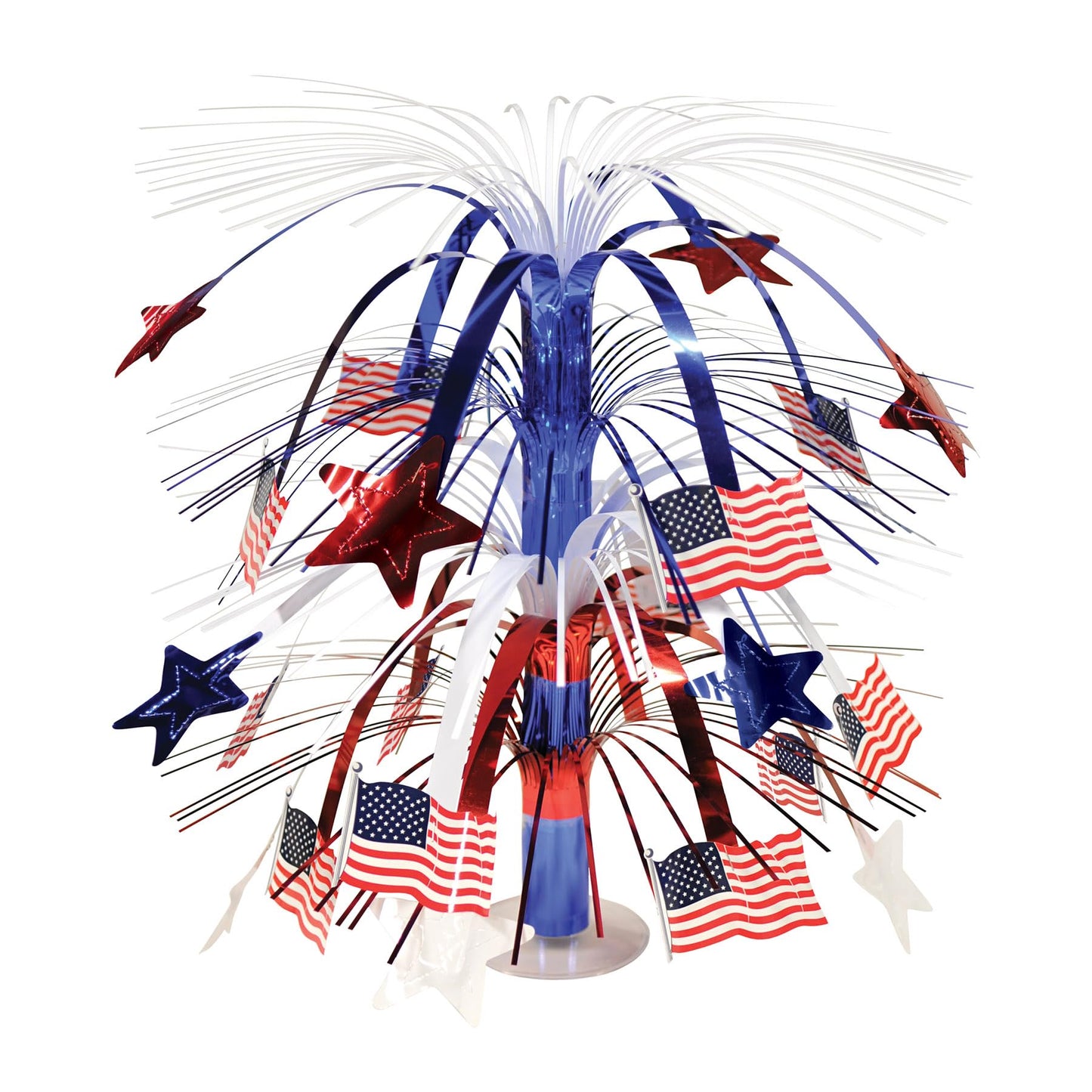 Beistle Patriotic Flag Cascade Centerpiece, Red White and Blue Metallic Decoration with American Flags for 4th of July, Memorial and Veterans Day, and Patriotic Party Tables, 18”